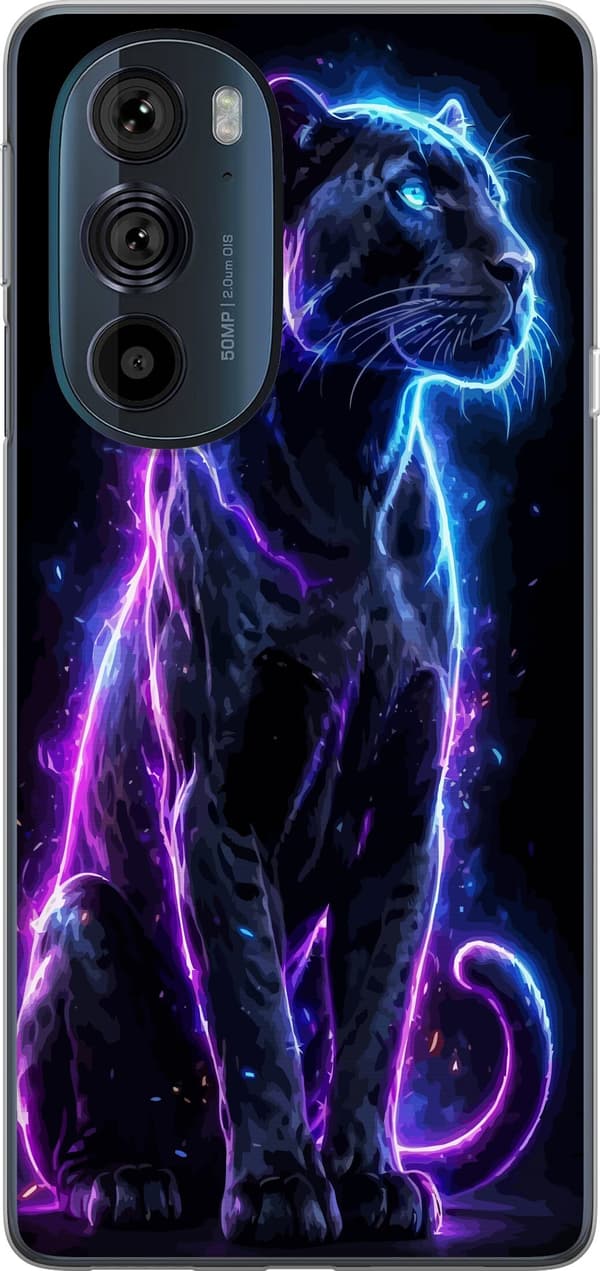 Kompatibel Mobilcover til Motorola Edge 30 Pro Sort panter med blå og lilla neonlinjer mod sort baggrund sort