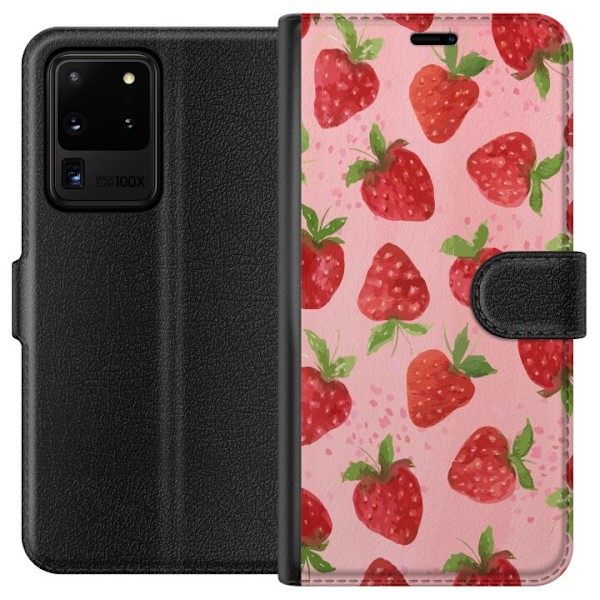 Samsung Galaxy S20 Ultra Plånboksfodral Strawberry Dreams – jordgubbsmönster i retrostil