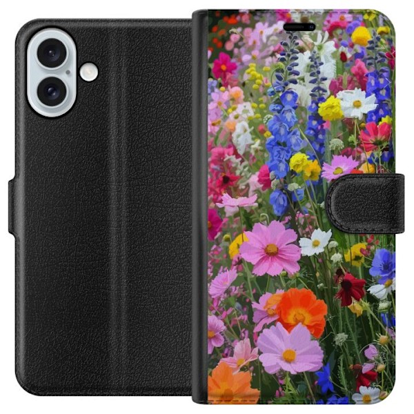 Apple iPhone 16 Plus Lompakkokotelo Kukkakuvioinen mobiilikuori kesäisellä niityllä ja luontomaisemalla