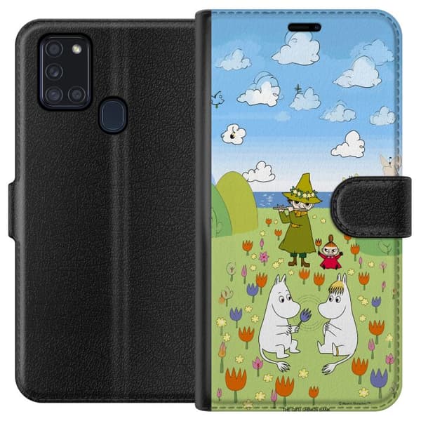 Kompatibel Tegnebogsetui til Samsung Galaxy A21s Mumin i blomsteräng grøn