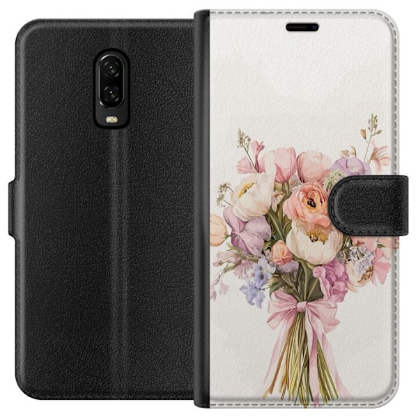 OnePlus 6T Plånboksfodral Mobilskal med färgglad blombukett i romantisk stil