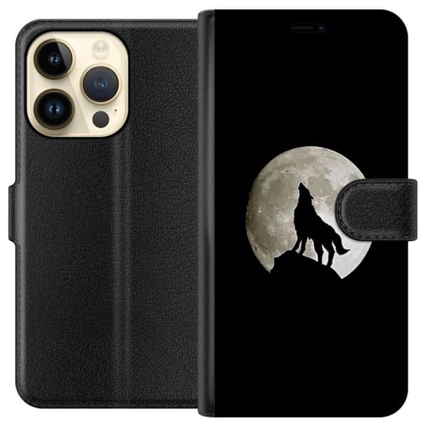 Kompatibel Tegnebogsetui til Apple iPhone 15 Pro Sort silhuet af en hylende ulv foran en stor, lys fuldmåne mod sort baggrund sort