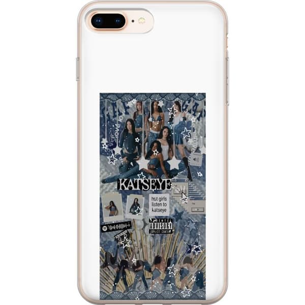 Kompatibelt Mobildeksel til Apple iPhone 8 Plus KATSEYE i blågrå collage med gruppebilder, hvite stjerner, grafisk tekst og retroinspirerte detaljer blå