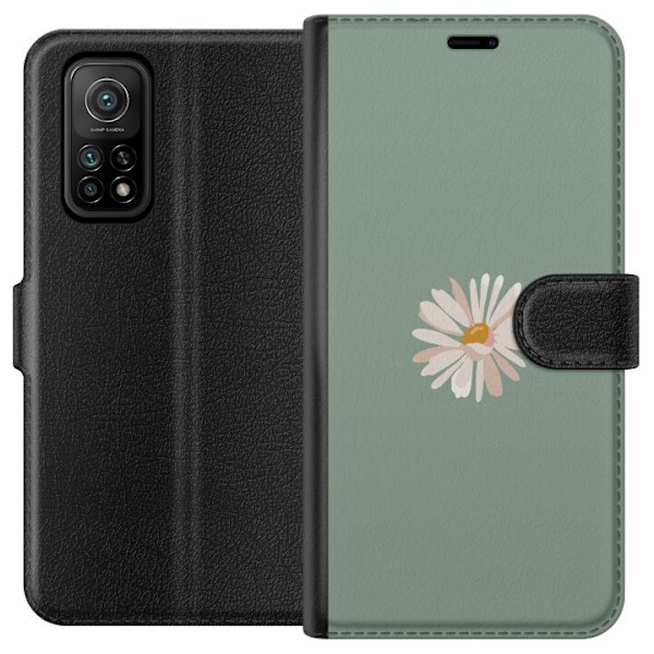Xiaomi Mi 10T 5G Plånboksfodral Grön Minimalblomma – stilren blomma på grön bakgrund
