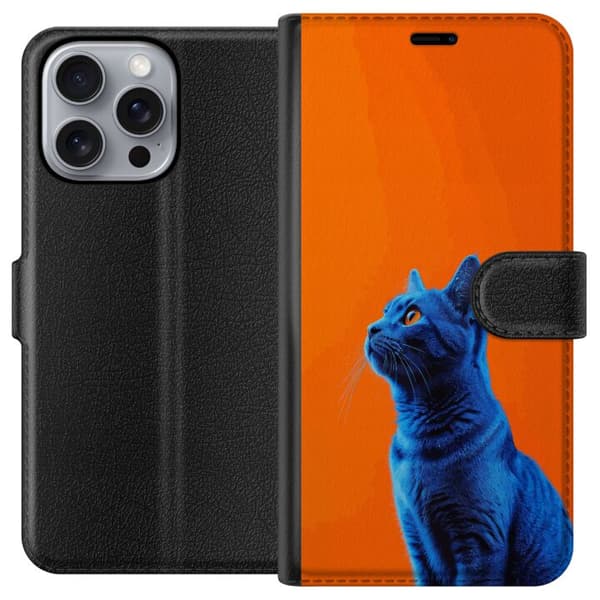 Kompatibel Tegnebogsetui til Apple iPhone 16 Pro Max Blå kat med orange baggrund i moderne popkunststil blå