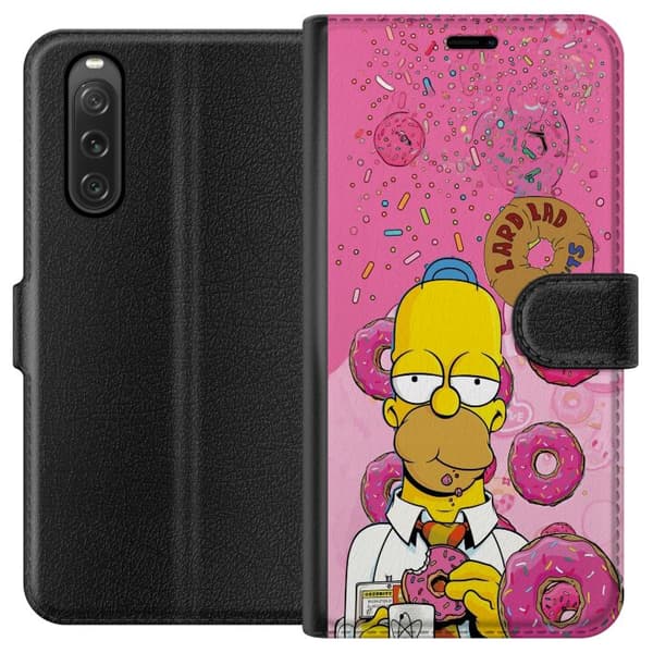 Kompatibel Tegnebogsetui til Sony Xperia 10 V Homer Simpson spiser lyserøde donuts mod en farverig baggrund pink