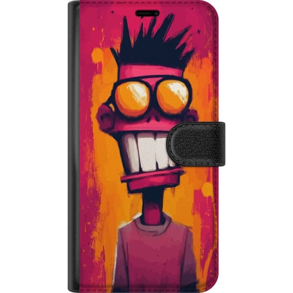 Kompatibel Tegnebogsetui til Apple iPhone 16 Plus Abstrakt tegnet figur med store orange briller mod lyserød og orange baggrund pink