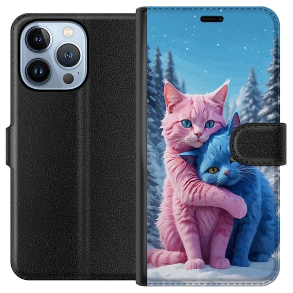 Kompatibel Tegnebogsetui til Apple iPhone 13 Pro Søde lyserøde og blå katte, der krammer i sneklædt vinterlandskab blå