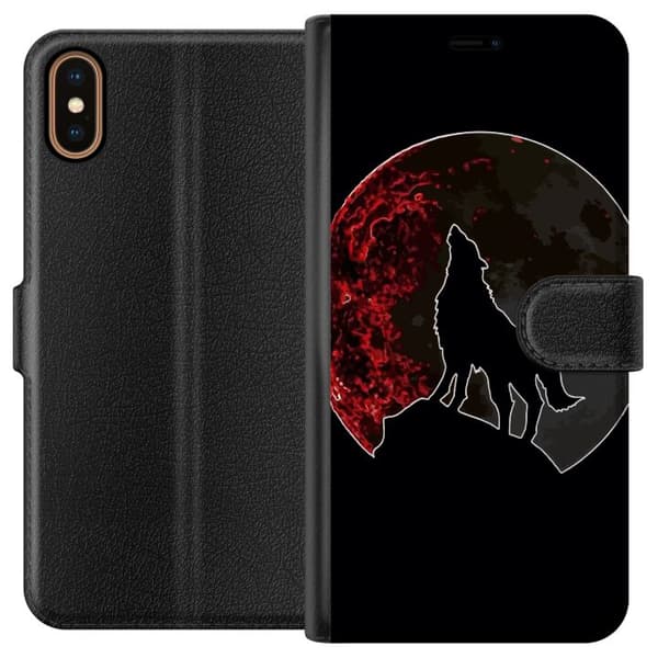 Kompatibel Tegnebogsetui til Apple iPhone X Sort silhuet af en hylende ulv foran en dramatisk rød måne mod sort baggrund sort
