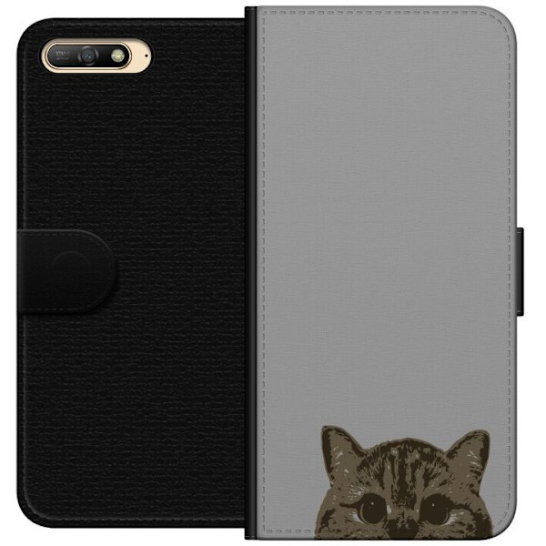 Huawei Y6 (2018) Plånboksfodral Grå Kattblick – stilren kattdesign med grå bakgrund