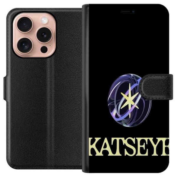 Kompatibel Tegnebogsetui til Apple iPhone 16 Pro KATSEYE-logo med gul stjerne, lilla omløbsringe og lys typografi på sort baggrund sort