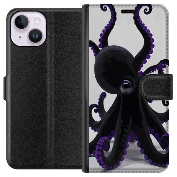 Kompatibel Tegnebogsetui til Apple iPhone 14 Sort blæksprutte med lilla detaljer i et elegant havtema mod en lys baggrund sort