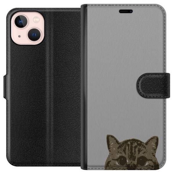 Apple iPhone 13 mini Plånboksfodral Grå Kattblick – stilren kattdesign med grå bakgrund