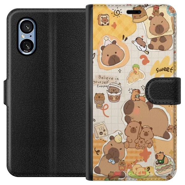 Sony Xperia 5 V Lompakkokotelo Kawaii capybara mobilskal med gulliga djurmotiv