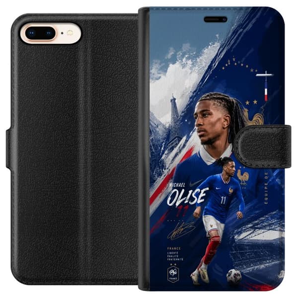Kompatibel Tegnebogsetui til Apple iPhone 8 Plus Michael Olise i Frankrigs landsholdstrøje med Eiffeltårnet og fodboldatmosfære i blå nuancer. blå