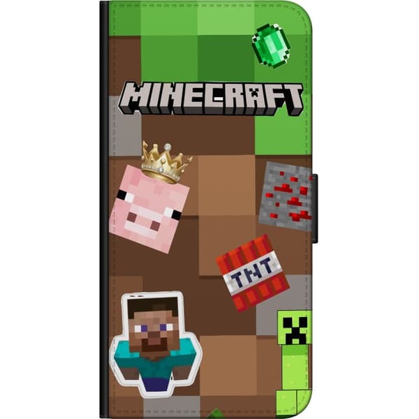 Kompatibelt Plånboksfodral till Huawei P40 lite E Blockinspirerat motiv med figurer, dynamit, krona och gröna pixelrutor brun