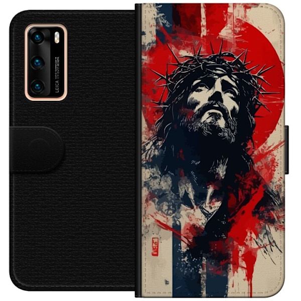 Huawei P40 Lompakkokotelo Jeesus ristillä - kristillinen aihe vahvalla symboliikalla uskosta ja toivosta
