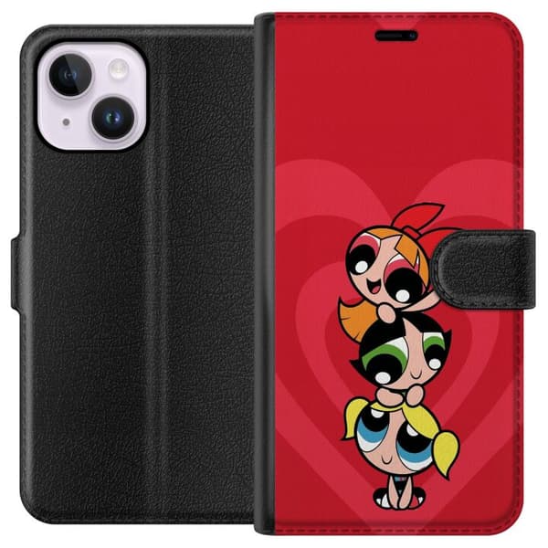 Kompatibel Tegnebogsetui til Apple iPhone 15 Plus Powerpuff Pigerne sammen på en rød hjertebaggrund rød