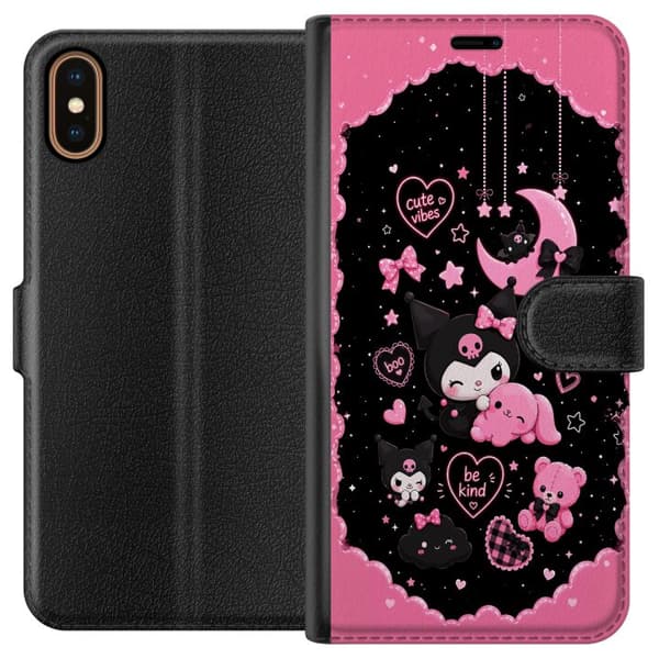 Kompatibel Tegnebogsetui til Apple iPhone X Søde lyserøde og sorte gothfigurer med hjerter, måne, stjerner og positiv tekst sort