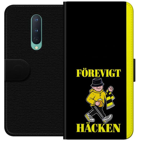 Kompatibel Tegnebogsetui til OnePlus 8 Gul supporter - Tegnet supporter i gult tøj og hat mellem gule tekstlinjer på sort baggrund sort
