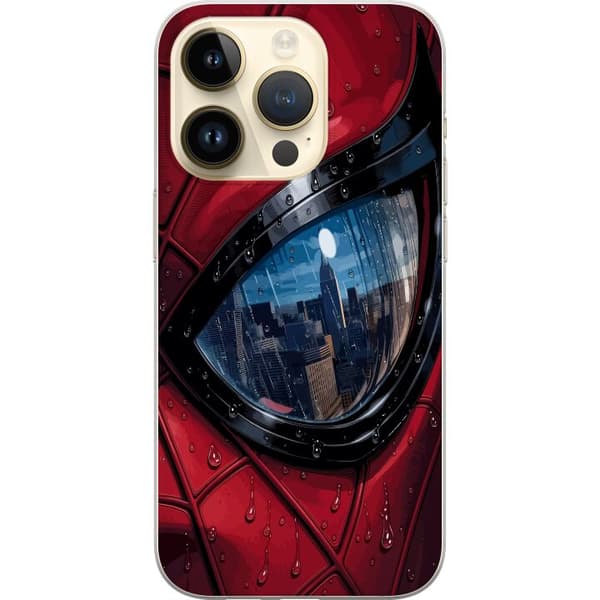 Kompatibelt Mobildeksel til Apple iPhone 14 Pro Nærbilde av Spider-Man-maske med regndråper og byrefleksjon i øyet rød
