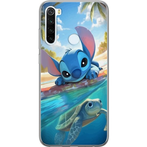 Xiaomi Redmi Note 8 Läpinäkyvä kuori Stitch kilpikonnalla - söpö sininen avaruusolento trooppisessa rantaympäristössä Disneyn tapaan