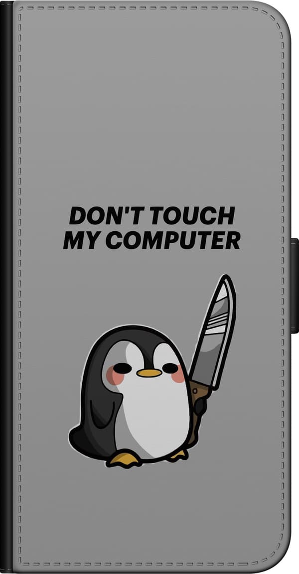 Kompatibel Tegnebogsetui til Huawei P40 Tegnet pingvin med kniv og teksten Don't Touch My Computer på grå baggrund