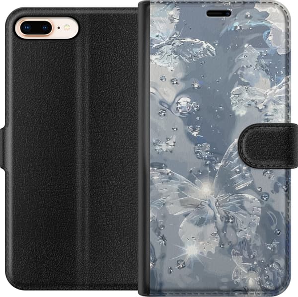 Kompatibelt Lommeboketui til Apple iPhone 8 Plus Elegant motiv med sølvfargede sommerfugler, glitrende dråper og blågrå bakgrunn sølv