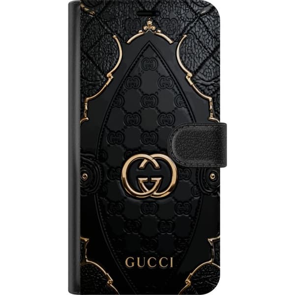 Kompatibel Tegnebogsetui til Apple iPhone 17 Sort quiltet monogrammønster med dekorative gulddetaljer og emblem sort