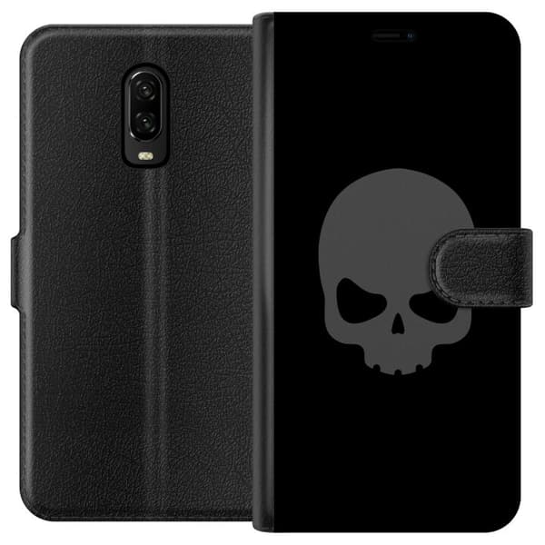 Kompatibel Tegnebogsetui til OnePlus 6T Enkel dødningehoved i grå tone mod sort baggrund, elegant og moderne design