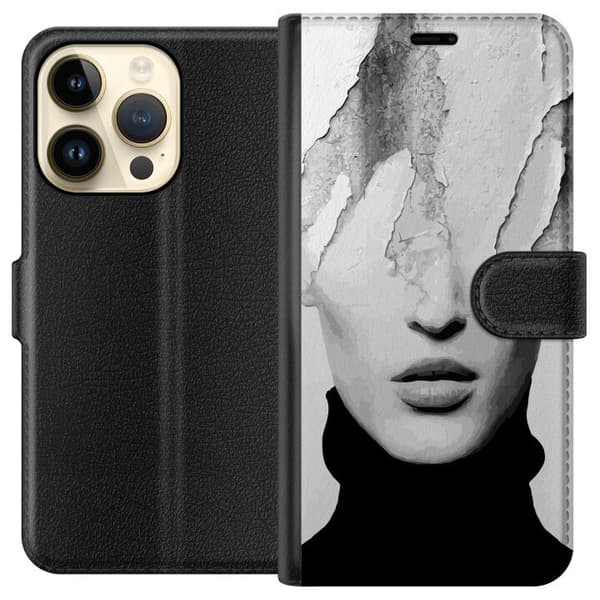 Kompatibel Tegnebogsetui til Apple iPhone 15 Pro Abstrakt ansikte i svartvitt grå