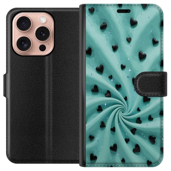 Kompatibel Tegnebogsetui til Apple iPhone 16 Pro Turkis hvirvelbaggrund med sorte hjerter og glitrende stjerner turkis
