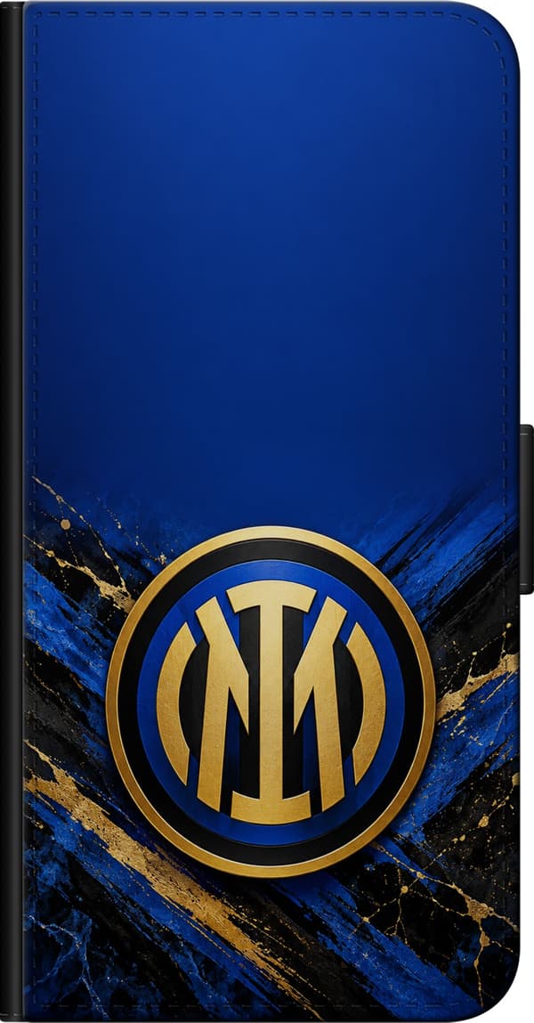 Kompatibel Tegnebogsetui til OnePlus 7 Pro Inter – Blå og guld – Rundt guldfarvet monogram på blå baggrund med sorte og guldfarvede farvestriber blå