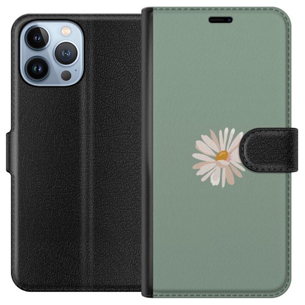 Apple iPhone 13 Pro Max Plånboksfodral Grön Minimalblomma – stilren blomma på grön bakgrund