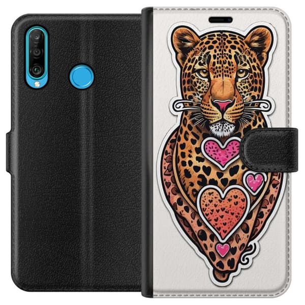 Kompatibel Tegnebogsetui til Huawei P30 lite Illustreret leopard med lyserøde og orange hjerter, sorte pletter og dekorative detaljer orange