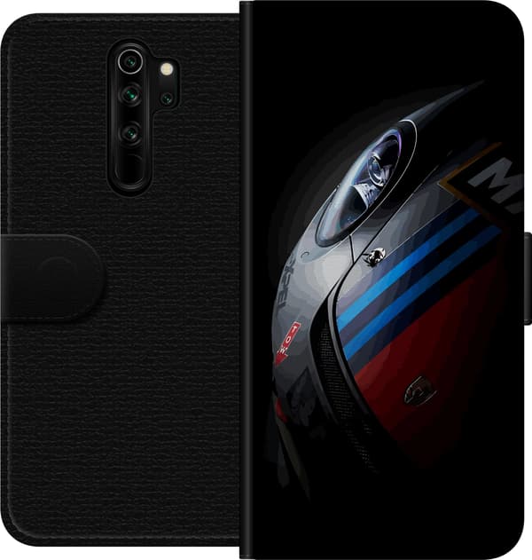 Kompatibel Tegnebogsetui til Xiaomi Redmi Note 8 Pro  Nærbillede af en mørk sportsvogn med blå og røde striber mod sort baggrund sort