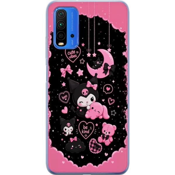 Kompatibel Mobilcover til Xiaomi Redmi 9T Søde lyserøde og sorte gothfigurer med hjerter, måne, stjerner og positiv tekst sort