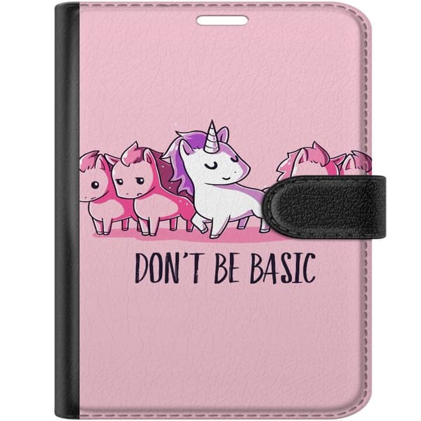 Kompatibel Tegnebogsetui til Apple iPhone Duo Hvid enhjørning blandt lyserøde heste med teksten Don't Be Basic mod en lyserød baggrund, legende og hu pink