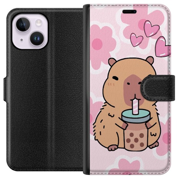 Apple iPhone 15 Plus Tegnebogsetui Kawaii Capybara Hjerte Anime Stil Sød Design Dyremotiv TikTok Populær Gave Pige