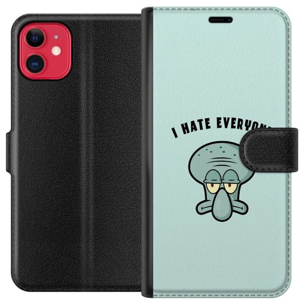 Kompatibel Tegnebogsetui til Apple iPhone 11 Tegnet utilfreds blækspruttefigur med teksten I Hate Everyone på lyse turkis baggrund blå