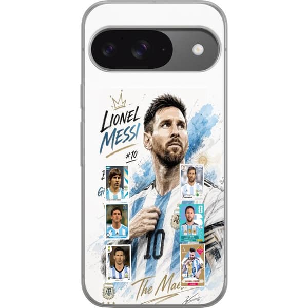 Kompatibelt Mobildeksel til Google Pixel 9 Pro Lionel Messi med argentinske farger og klassiske samleobjektkort i collage blå