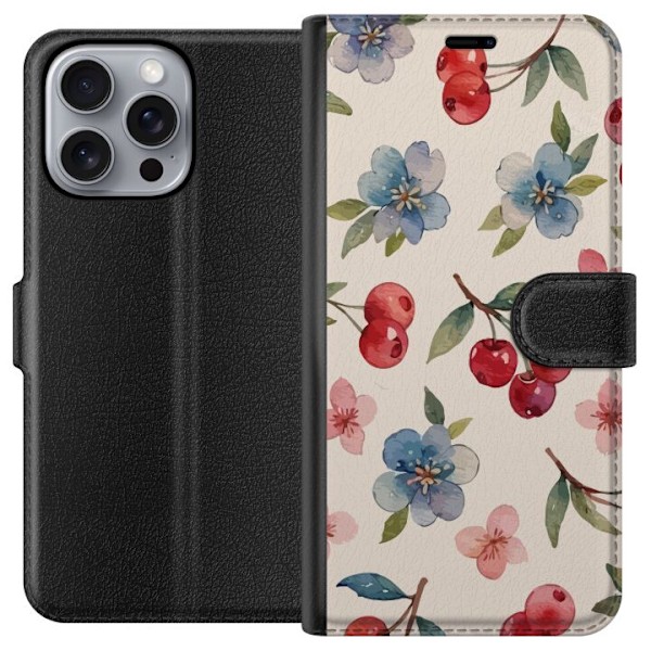 Apple iPhone 16 Pro Max Tegnebogsetui Bær & Blomster - mønster med blå blomster og skovbær
