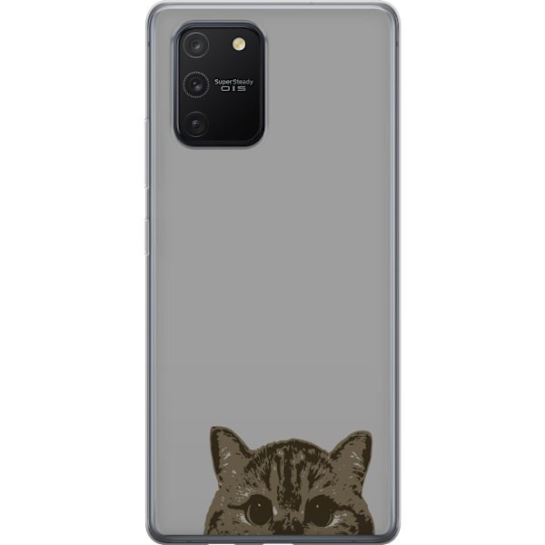 Samsung Galaxy S10 Lite Genomskinligt Skal Grå Kattblick – stilren kattdesign med grå bakgrund