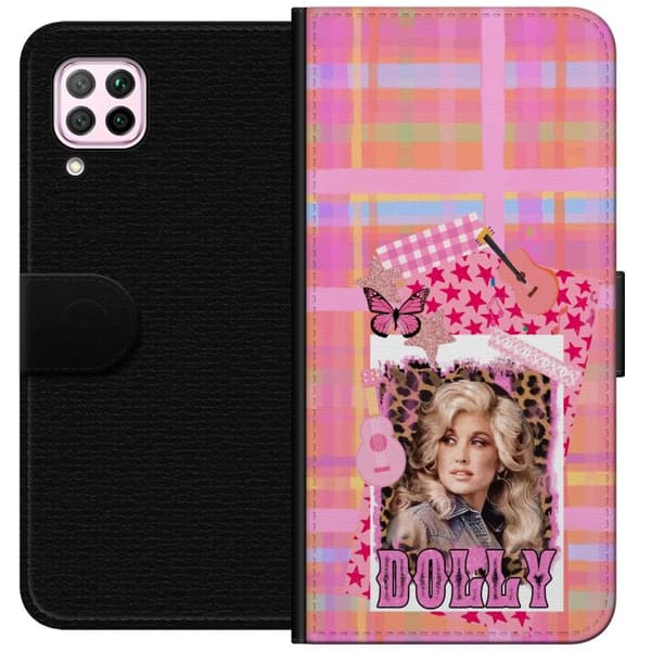 Kompatibel Tegnebogsetui til Huawei P40 lite Dolly Parton rosa countrycollage med gitarr pink