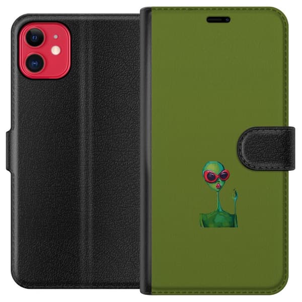 Kompatibel Tegnebogsetui til Apple iPhone 11 Grøn alien med store røde solbriller og lyserøde læber mod ensfarvet olivengrøn baggrund grøn