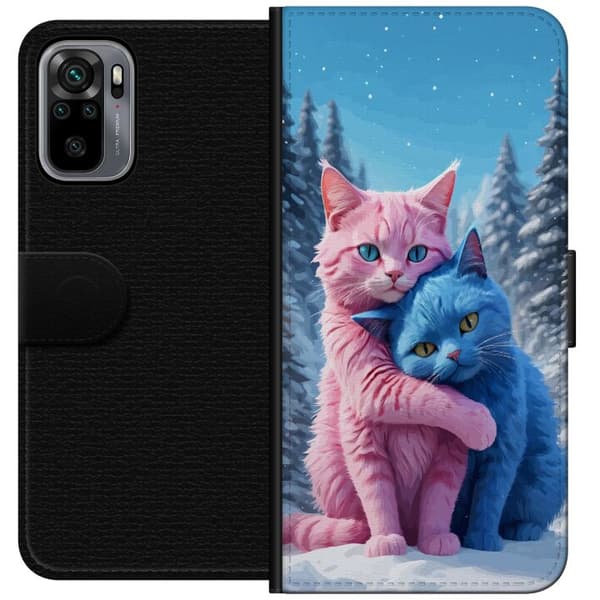 Kompatibel Tegnebogsetui til Xiaomi Redmi Note 10S Søde lyserøde og blå katte, der krammer i sneklædt vinterlandskab blå