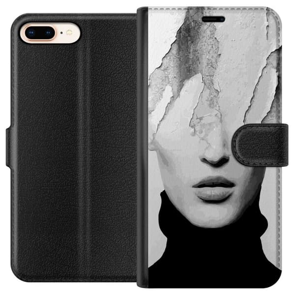 Yhteensopiva Lompakkokotelo Apple iPhone 8 Plus Abstrakt ansikte i svartvitt harmaa