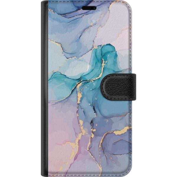 Kompatibel Tegnebogsetui til Apple iPhone 12 mini Abstrakt blå pastelmarmor med tynde gulddetaljer