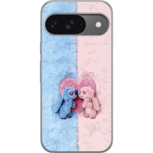 Kompatibel Mobilcover til Google Pixel 9 Pro Søde blå og lyserøde figurer foran et stort lyserødt hjerte pink