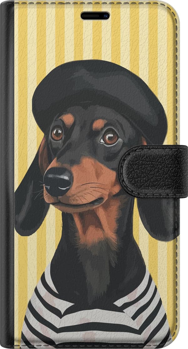 Kompatibel Tegnebogsetui til Google Pixel 7a Sortbrun gravhund med sort basker og stribet trøje mod gulstribet baggrund gul